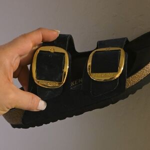 Birkenstock Black Sandals with Shiny Gold Buckles